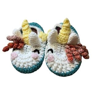 Handmade Crochet Unicorn Slippers – White Multicolor – Fits toddler size 10
